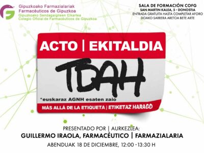 ‘El TDAH más allá de la etiqueta’, charla para la ciudadanía este miércoles en el Colegio Oficial de Farmacéuticos de Gipuzkoa